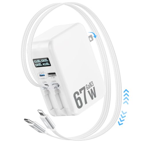 67W Retractable Phone Charger Wall Plug 4 in 1 Retractable Wall Charger with Dual Cables &2 Ports&LED Display PD 30W USB C Fast Charging Block for iPhone 17 16 15 14 13 Pro Max Galaxy 25 24 Tablet