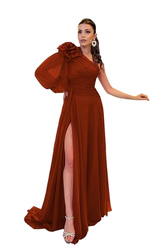 Tsbridal Long Sleeve Bridesmaid Dresses for Wedding Chiffon Pleated Flower Prom Formal Gowns with Slit