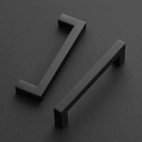 Image of Ravinte 10 Pack Kitchen Matte Black Cabinet Handles 4-1 /2 Inch Hole Center Stainless Steel Square Cabinet Pulls for Dresser Drawer Cupboard Handles with Screwdriver