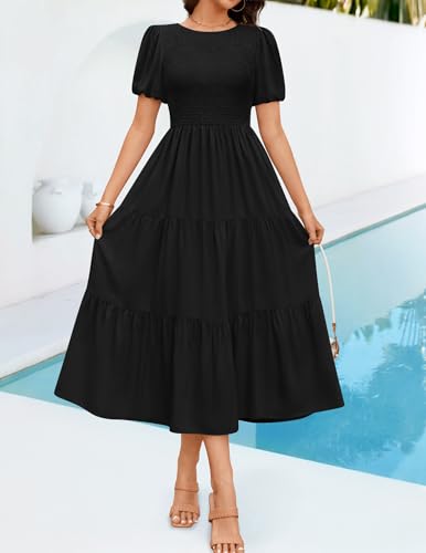 ZESICA Women's Casual Summer Crew Neck Short Puff Sleeve Smocked High Waist Ruffle Tiered A Line Midi Dress2