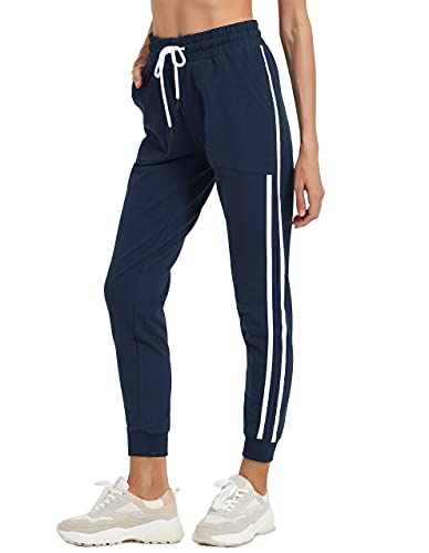 SPECIALMAGIC Pantalon de Jogging Athlétique pour Femme avec Cordon de Serrage Pantalon de Sport avec Rayures Blanches pour Automne Printemps Bleu Marine M Cover