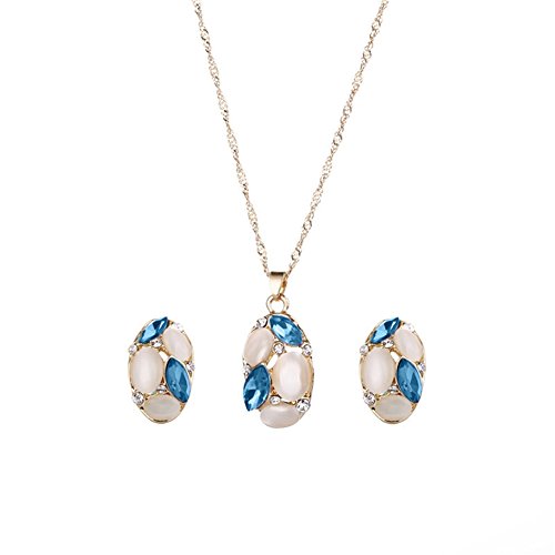 Preisvergleich Produktbild quanjucheer Damen-Schmuckset ovaler Opal Tropfenanhänger Pulloverkette Halskette Ohrringe Kleid Zubehör Gr. 45 cm + 5 cm, blau