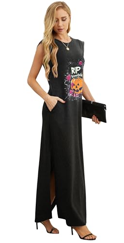 Image of GRECERELLE 2026 Women Year-Round Casual Round Neck Loose Split Wrinkle-Free Long Maxi Vacation Dress with Pockets (XXS-4XL)
