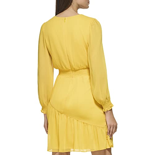 Image of DKNY Women's Long Sleeve Tiered Ruffle Smocked Waist Mini Dress