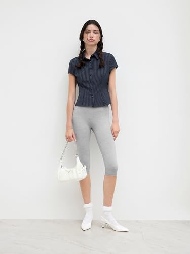 CIDER Women Striped Button Down Shirt Short Sleeve Collared Fitted Work Blouse Office Tops4