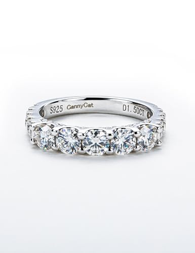 CannyCat 5 Stone Half Eternity Ring - 4.0 mm Moissanite Wedding Band for Women - VVS D Color Moissanite - Platinum-Plated Silver Stacking Ring4