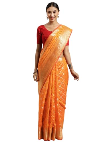 Sari Banarasi naranja con motivos étnicos de tejido Zari en talla única