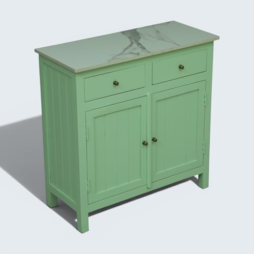 Image of Solid Wood Madrid Sideboard Cabinet (S) | Sideboard with Sintered Stone Top | Finish- Acrylic Sage Green