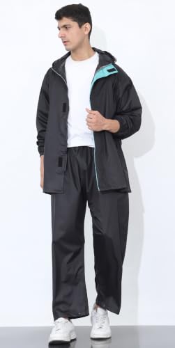 Image of Shasmi Men's Raincoat for Men Waterproof with Hood | Premium Polyester Rain Suit for Bike Riders | Leak Proof Full Body Rainwear Set with Pants | Heavy Duty Zipper (Rainy 290)