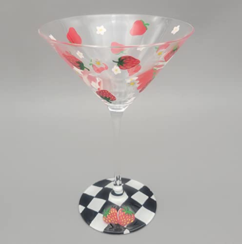 Strawberry Themed Martini Glass - Hand Painted - Summer, Strawberries, Checker, Blossoms - Cocktail Glass