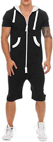 jumpjisper Mens Rompers Jumpsuits Shortsleeve One Piece Drawstring Hooded Tracksuits Casual Coverall Playsuits with Pockets (Black, XL)