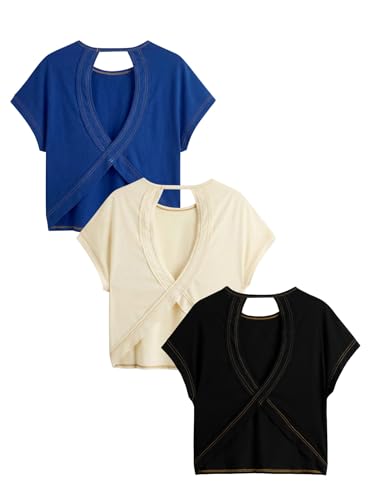 Image of RoseSeek Women's 3 Packs Open Back Tops T Shirt Criss Cross Cut Out Tee Short Sleeve Crewneck Summer Backless Tops