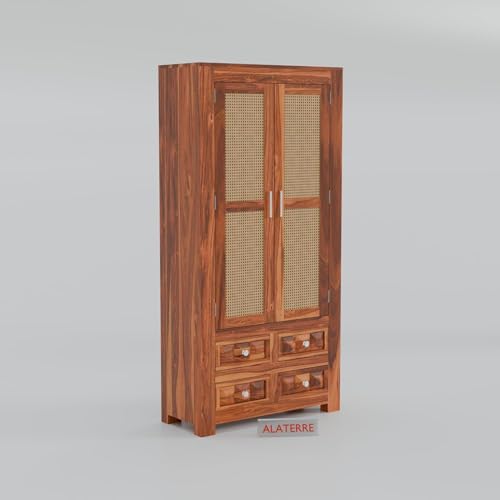 Image of Wooden Storage Cabinet with Cane Doors & Drawers | Tall Solid Wood Wardrobe Cabinet with 2 Doors & 4 Drawers (Honey Finish)