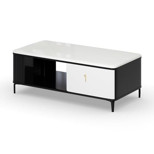 Image of Royaloak Milan Italian Marble Center Table | Italian Art | Metal Legs | Bottom Shelf | High Gloss Reflective Finish | Telescopic Channel | Drawer | Center Table for Living Room