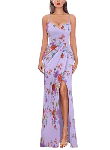 Image of VFSHOW Womens Sexy Formal Ruched Fitted High Slit Bodycon Maxi Dress Spaghetti Strap Sweetheart Cocktail Prom Evening Gown