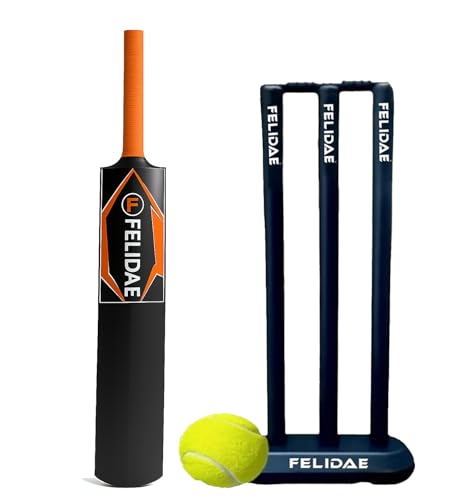 Image of FELIDAE (Size - 3) PRO Orange Kids Plastic Cricket Bat Kit (6 to 12 Years) 1 Tennis Ball / 1 Plastic Bat /Full Wicket Set for Kids