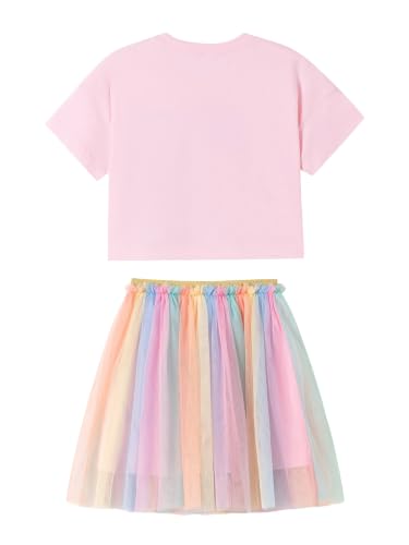 Image of HILEELANG Girls Skirt Set 2 Piece Outfit Cotton Tee Tulle Skirt Set | Soft Cotton Tee, Applique Detail, Layered Tulle Skirt with Lining, Lightweight Comfort for Toddler Little Girls