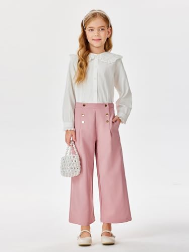 Image of Haloumoning Girls Wide Leg Pants Kids Fashion Elastic Waist Front Button Trousers with Pockets 5-14 Years