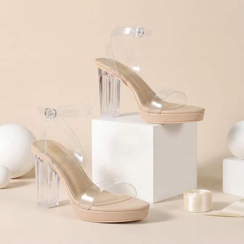 Image of ZriEy 4-Inch Platform Clear High Heels for Women Block Chunky Heeled Sandals Open Toe Ankle Strap Heels Wedding Party Evening Prom Dress Pump Sandal Shoes