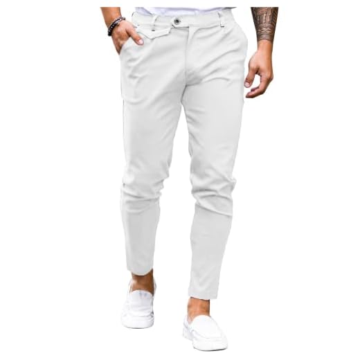 Calça masculina de sarja slim fit frente lisa elástica skinny afunilada confortável casual calça lisa, 1 - sarja branca, P