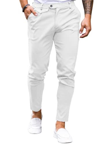 Image of Mens Chinos Slim Fit Pants Stretch Tapered Dress Pant Casual Trousers | Skinny Slacks, Flat Front Design, Stretch Cotton Fabric, Solid or Plaid, Work Dress Pants, Business Casual Wear