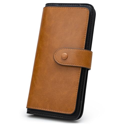 RFID Blocking Leather Wallet for Women, Slim Trifold with 14 Card Slots and Zipper Pocket (Brown&Black)