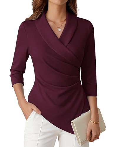 GRACE KARIN Women's Summer 3/4 Sleeve Tops Elegant Wrap V Neck Ruched Surplice Wrap Blouse Office Top Dark Red XL