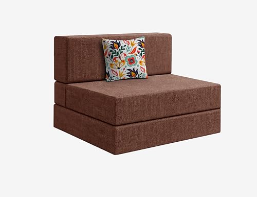 Image of Los Angeles Foldable One Seater Sofa Cum Bed, Sofa Bed 3 X 6 Feet Jute Fabric Washable Cover- Including Cushion Perfect for Living Room - Brown Color