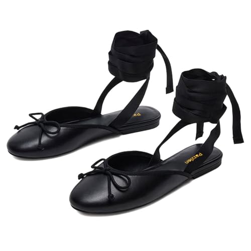 Pazzion Women's Comfy Ankle Wrap Ballet Flats with Bows Lace Up Closed Round Toe Flat Shoes Daily Prom Walking Size 4-16 US4