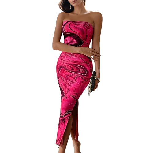 Image of Women's Tube Top Maxi Dresses Printed Tie Dye Strapless Bodycon Long Dress Split Side Sleeveless Party Elegant Outfits