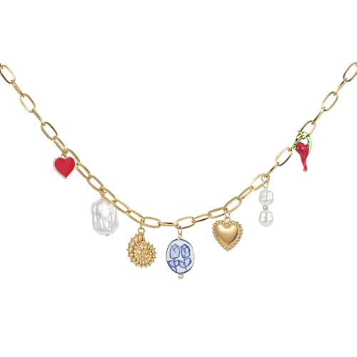 Trendy Stainless Steel Gold Plated Charm Necklace with Heart Pearl Pepper Conch Ceramic Pendant Necklace for Women Collares Chokers Jewelry