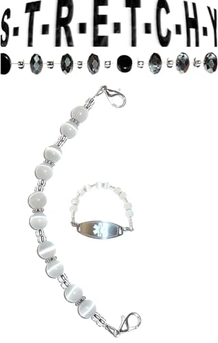 Hidden Hollow Beads Women's Cat's Eye White Beaded Stretchy 6.5 or 5.5 inch long Medical Alert ID Interchangeable Replacement Bracelet, Identification Vital info tag