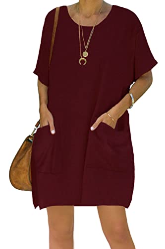 Ladybranch Women's Summer Casual T Shirt Dresses Short Sleeve Swing Dress Pockets(Xx-Large，01Wine) #TOP1