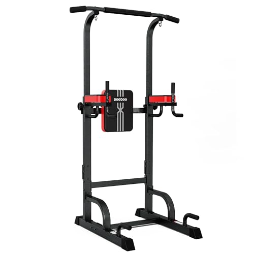 Power Tower Dip Station Pull Up Bar for Fitness Home Gym Workout,Multi-Function Adjustable Height Fitness Strength Training Exercise Equipment,with Power Elastic Ropes (Black Red)