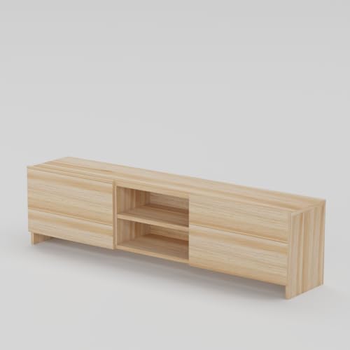 Image of Modern Living Room TV Stand with Open Display Compartment, Dual Side Storage Units, and Clean Contemporary Design for Home Decor | Assembly-DIY | Color-Asian Light