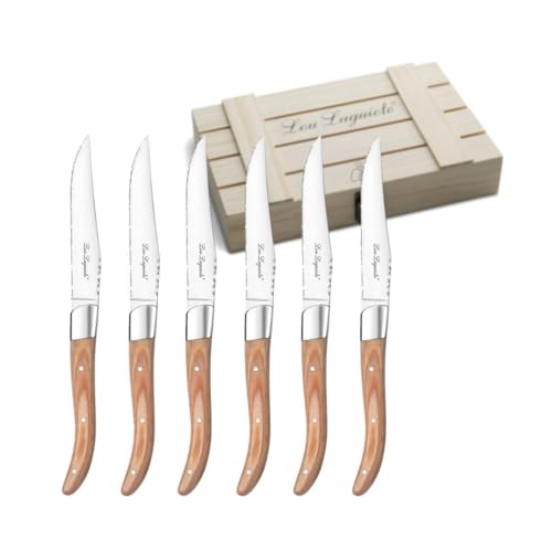Lou Laguiole Louis - Juego de cuchillos de carne (6 piezas, acero de 13/0, madera de pakka, cuchillo de carne Laguiole,...