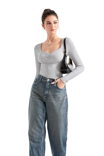 Image of SUUKSESS Women Sweetheart V Neck Long Sleeve Tops Lace Trim Ribbed Modal Fall Going Out Shirts