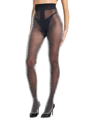 LABELLA 45D Sparkly Tights for Women Metaillic Fiber Shine Glitter Semi Sheer Perfect Party Date Performance(Large Black)
