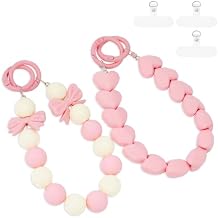 2 Pcs Phone Charm Wrist Strap with Tether Tab, Double Anti Lost Cute Beaded Wrist Lanyard, Detachable Transparent Phone Charms for Bag, Key Chains, Camera Decor Pink Bow