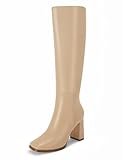 Coutgo Womens Wide Calf Knee High Boots Chunky High Heel Square Toe Fashion Leather Shoes with Side Zipper, Khaki, Size 9