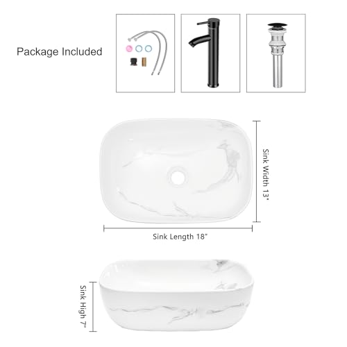 Kgar K20 Bathroom Vessel Sink 18'' X 12.6'' Ceramic Porcelain Bathroom Sink Above Counter Basin Washing Bowl With Faucet Pop Up Drain Combo, Marble Rectangle thumb #3