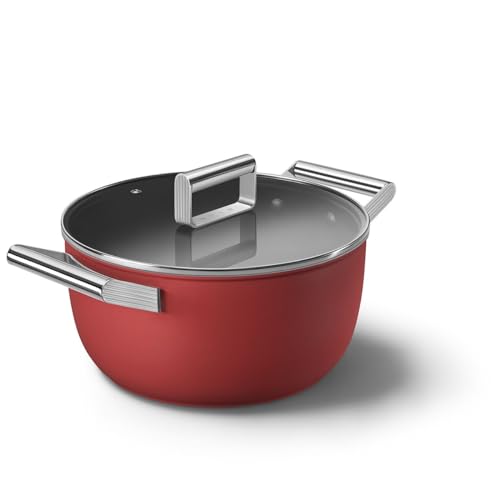 Image of Smeg, CKFC2411RDM Non-Stick Casserole with Lid Included, Diameter 24 cm, Stainless Steel Side Handles, Suitable for All Hobs, Up to 250 in the Oven, Capacity 4.6 L, Red