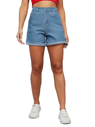 Image of Dolce Crudo Women's Relaxed Fit Mid-Rise Denim Shorts with Adjustable Waist & Frayed Hem