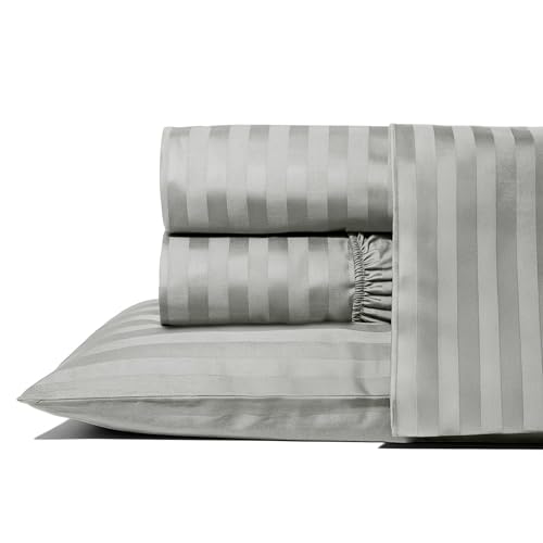 Image of THREAD SPREAD California King Bed Sheets, Luxury 1000 Series Paradise Collection 100% Egyptian Cotton Damask Striped Cal King Sheets Set (4 PC, Silver Grey Stripe), 16 inch Deep Pocket Hotel Sheet Set