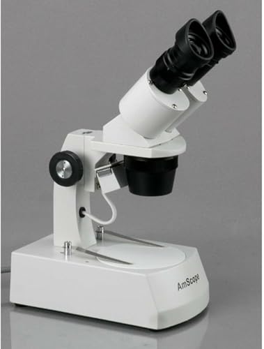 Image of AmScope SE305R-A Forward-Mounted Binocular Stereo Microscope, WF10x Eyepieces, 10X /30X Magnification, 1X and 3X Objectives, Upper and Lower Halogen Light Source, Arm Stand, 120V
