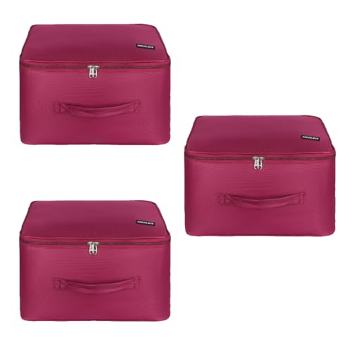 Image of M MEDLER Adex Nylon Wardrobe Organizer Bag | Moisture-Proof Clothes Storage Box & Saree Cover with Zipper & Handle | Square (Red, 38x38x24 cm) - PACK OF 3