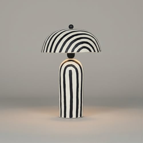Image of Table Lamp for Living Room Decoration, Handcrafted Rhythm Dome with White & Black Striped Pattern, E27 Bulb Compatible (40 cm H x 28 cm W) (White, Black)