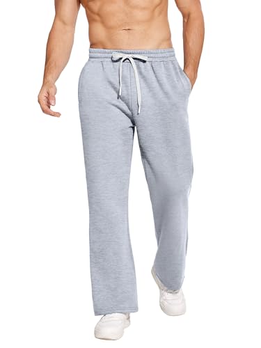 PINSPARK Men's Baggy Fleece Workout Sweatpants with Pockets Wide Leg Drawstring Lounge Athletic Running Flared Pants 2XL White Grey