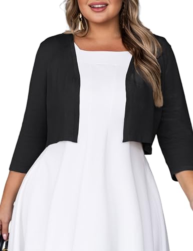 Women's Plus Size Cropped Cardigan Lightweight 3/4 Sleeve Boleros Shrug Sweaters for Dresses (1X-4X)