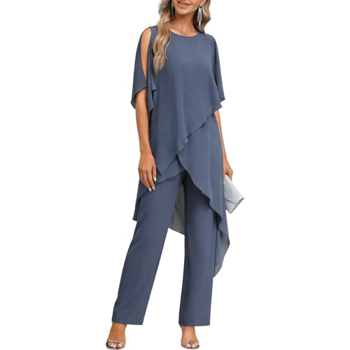 CBZDJX Chiffon Mother of The Bride Pants Suit for Women 2 Pieces Dressy Grandmother Pantsuits Formal Evening Outfits Blue
